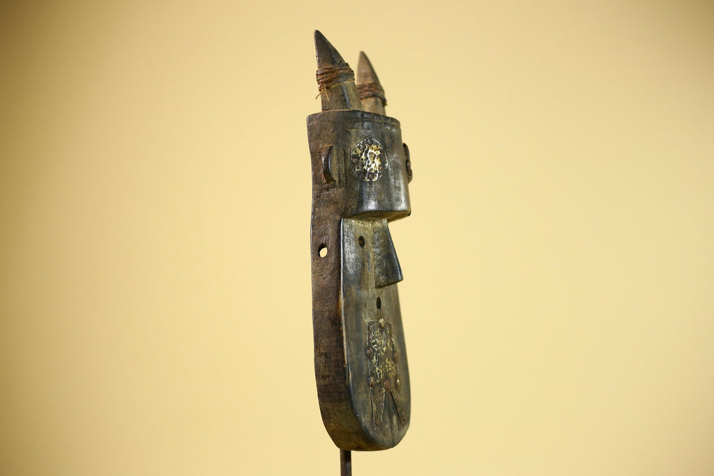 African Horn Mask Brass Inlay Toma Guinea Tribal Wood Wall Sculpture-G5882