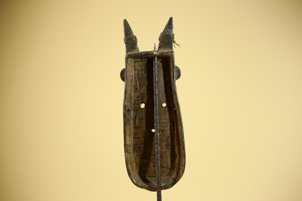 African Horn Mask Brass Inlay Toma Guinea Tribal Wood Wall Sculpture-G5882