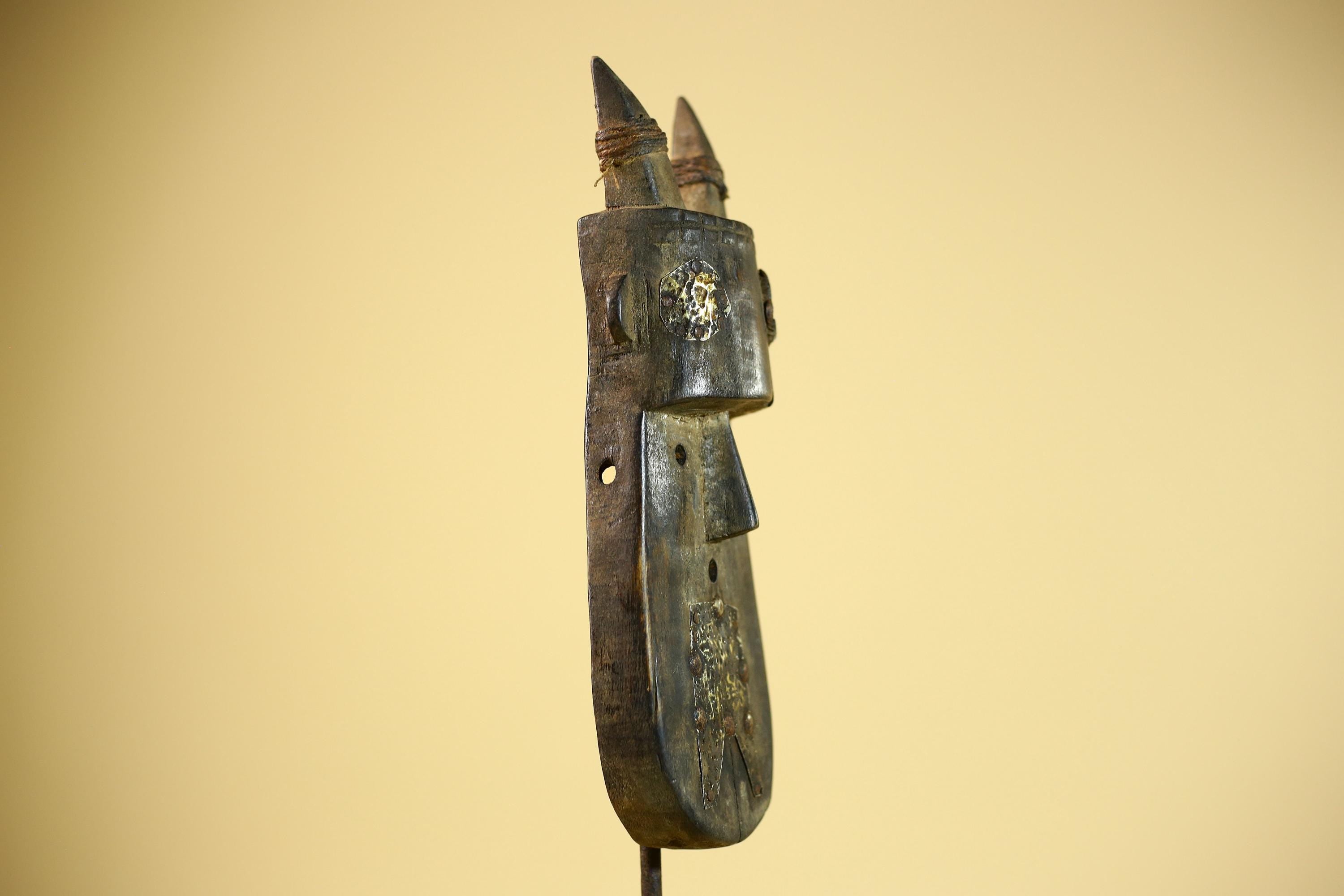 African Horn Mask Brass Inlay Toma Guinea Tribal Wood Wall Sculpture-G5882
