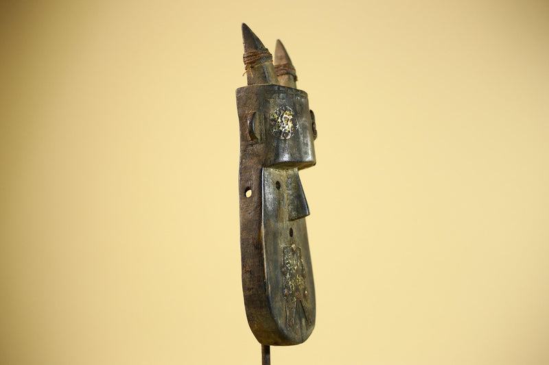 African Horn Mask Brass Inlay Toma Guinea Tribal Wood Wall Sculpture-G5882