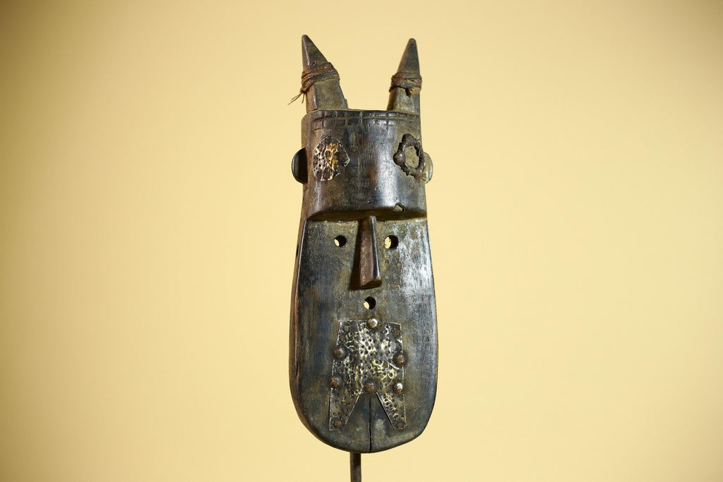 African Horn Mask Brass Inlay Toma Guinea Tribal Wood Wall Sculpture-G5882