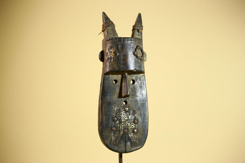 African Horn Mask Brass Inlay Toma Guinea Tribal Wood Wall Sculpture-G5882