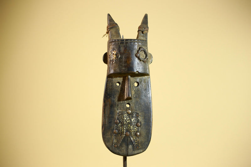 African Horn Mask Brass Inlay Toma Guinea Tribal Wood Wall Sculpture-G5882