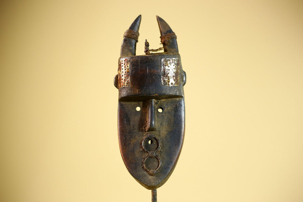 African Toma Mask Horned Brass Cheeks Guinea Tribal Wood Wall Art-G5883