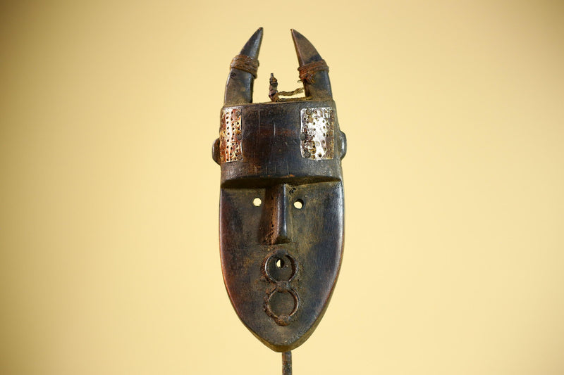 African Toma Mask Horned Brass Cheeks Guinea Tribal Wood Wall Art-G5883