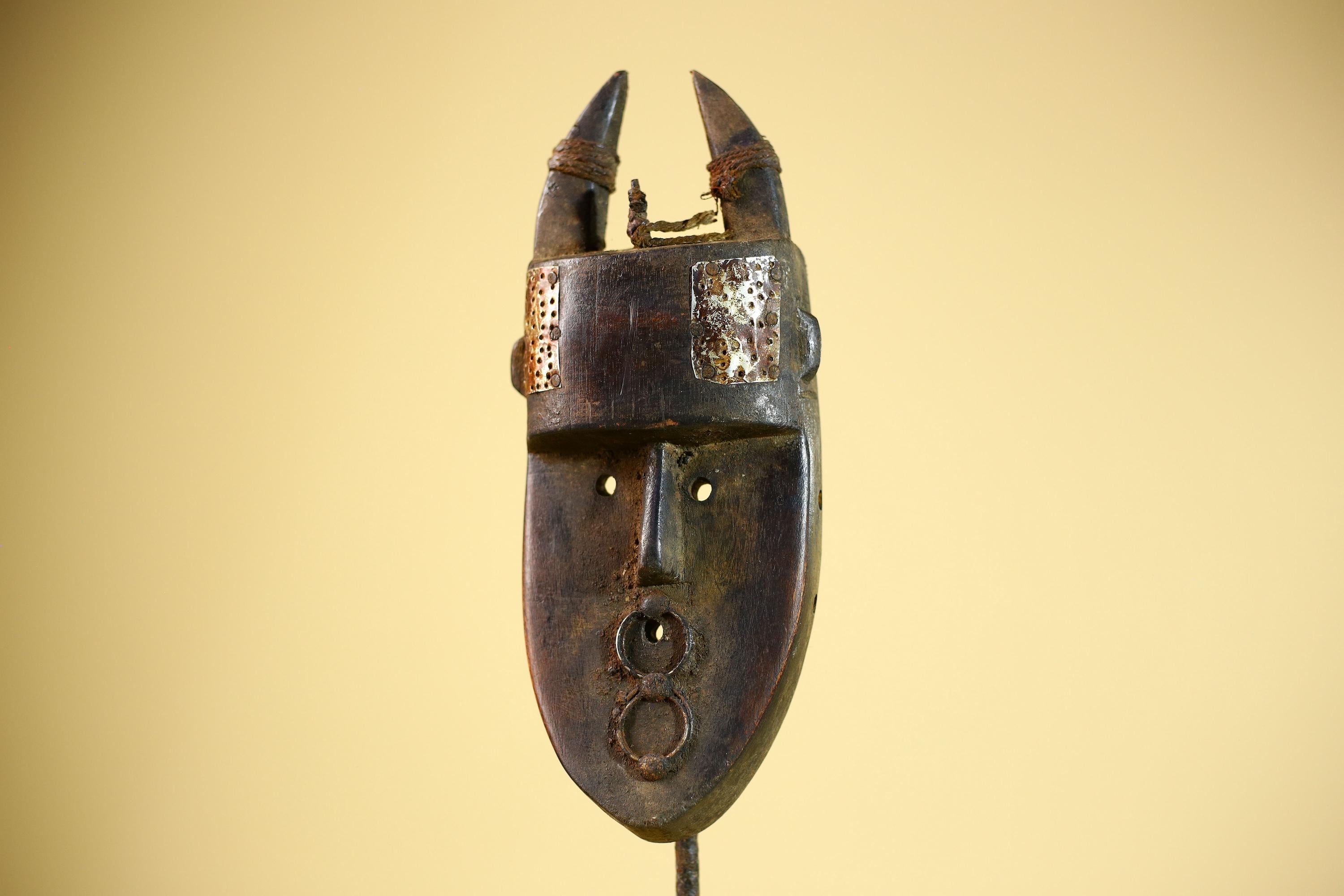 African Toma Mask Horned Brass Cheeks Guinea Tribal Wood Wall Art-G5883