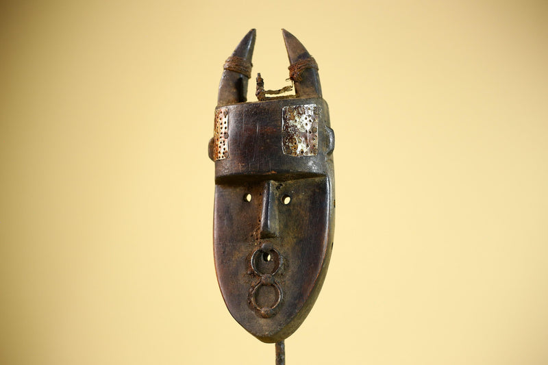 African Toma Mask Horned Brass Cheeks Guinea Tribal Wood Wall Art-G5883