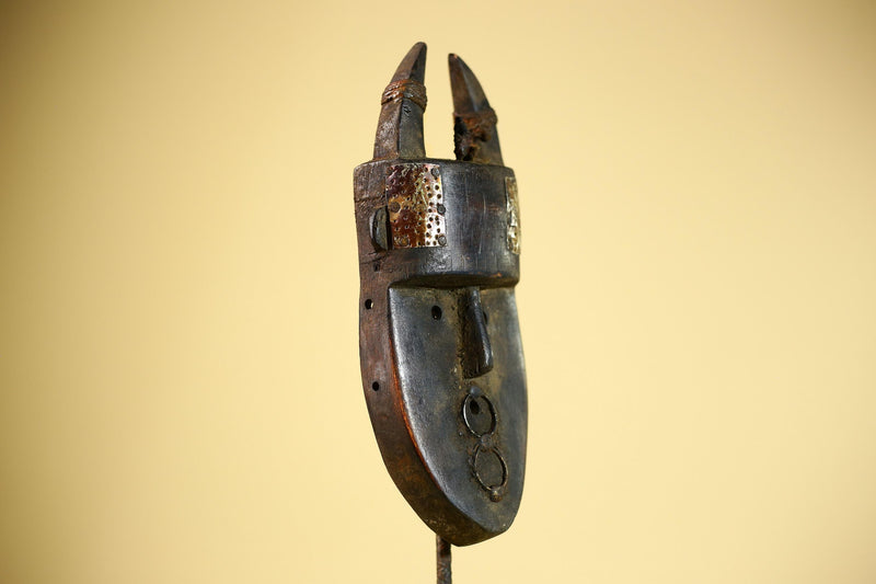 African Toma Mask Horned Brass Cheeks Guinea Tribal Wood Wall Art-G5883