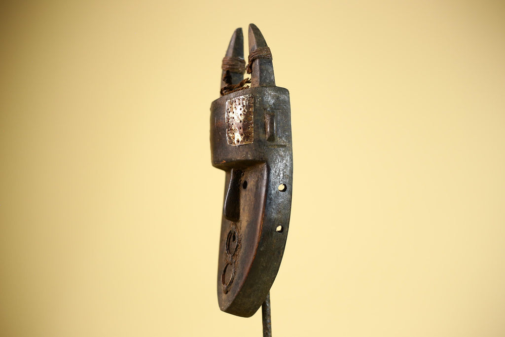 African Toma Mask Horned Brass Cheeks Guinea Tribal Wood Wall Art-G5883