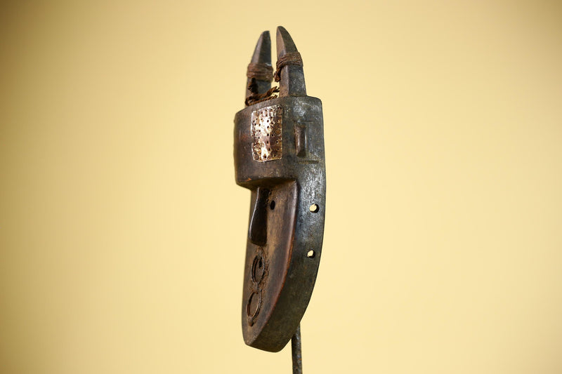 African Toma Mask Horned Brass Cheeks Guinea Tribal Wood Wall Art-G5883