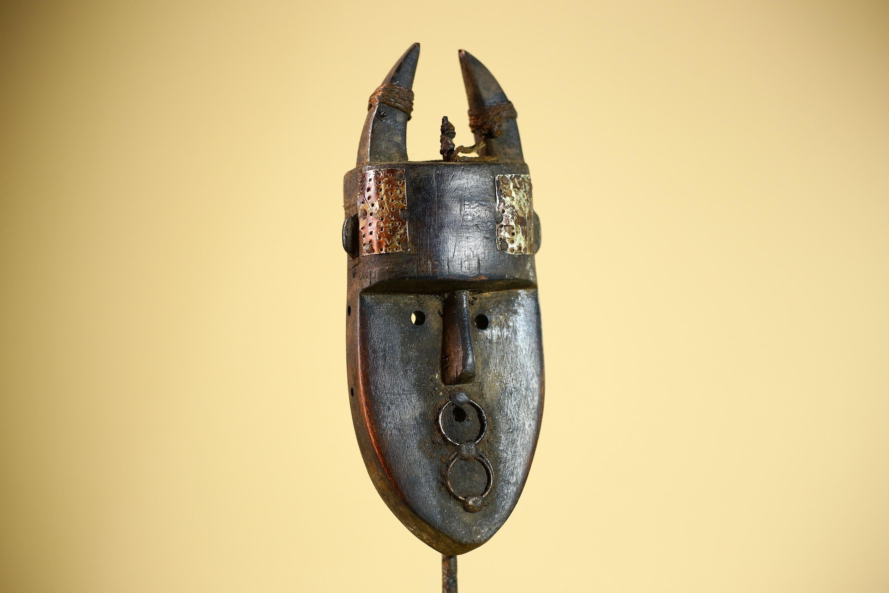 African Toma Mask Horned Brass Cheeks Guinea Tribal Wood Wall Art-G5883