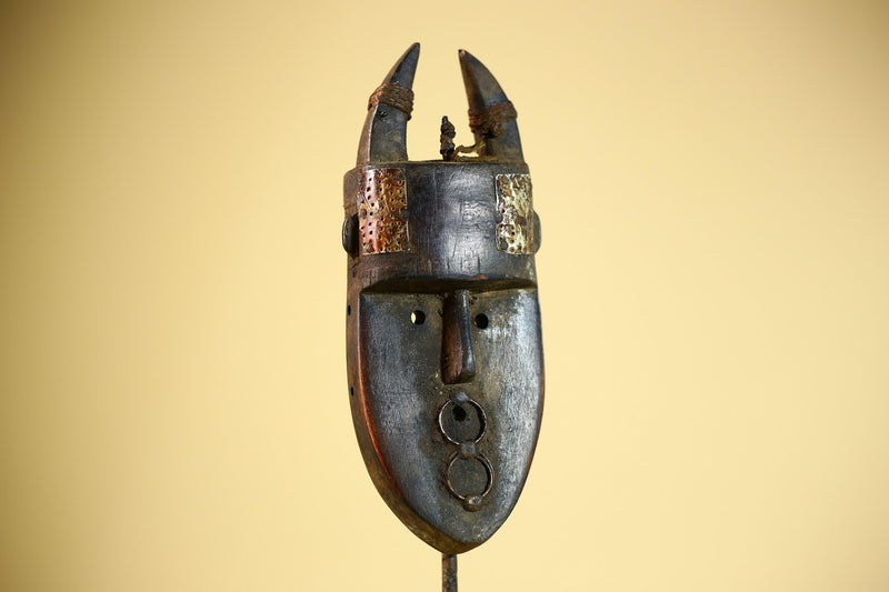 African Toma Mask Horned Brass Cheeks Guinea Tribal Wood Wall Art-G5883