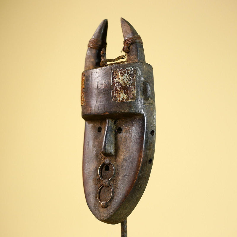 African Toma Mask Horned Brass Cheeks Guinea Tribal Wood Wall Art-G5883