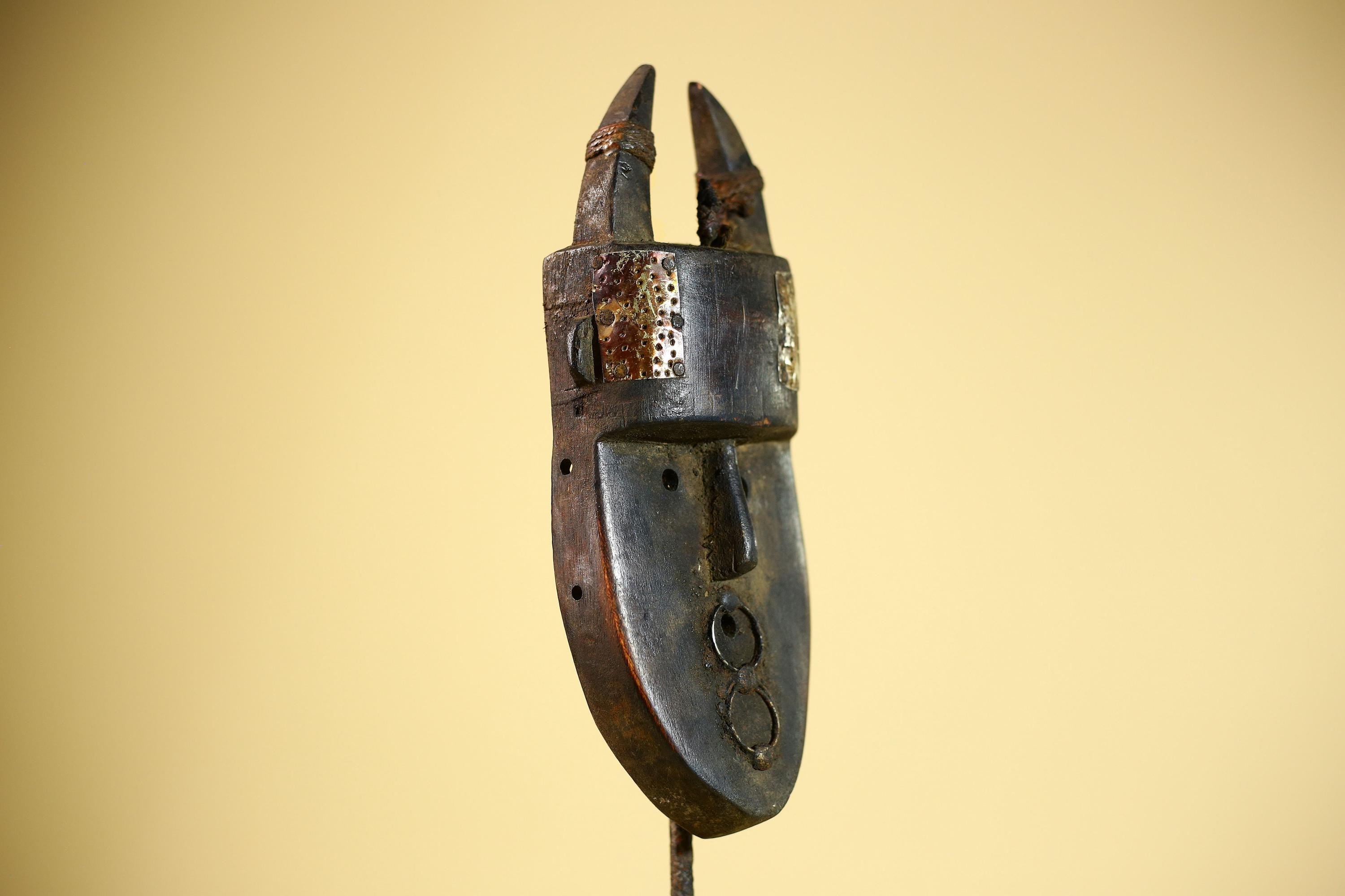 African Toma Mask Horned Brass Cheeks Guinea Tribal Wood Wall Art-G5883
