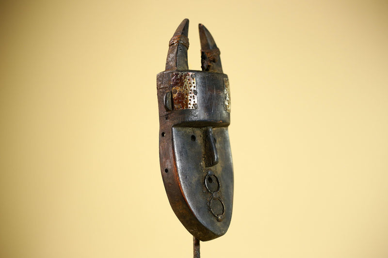 African Toma Mask Horned Brass Cheeks Guinea Tribal Wood Wall Art-G5883