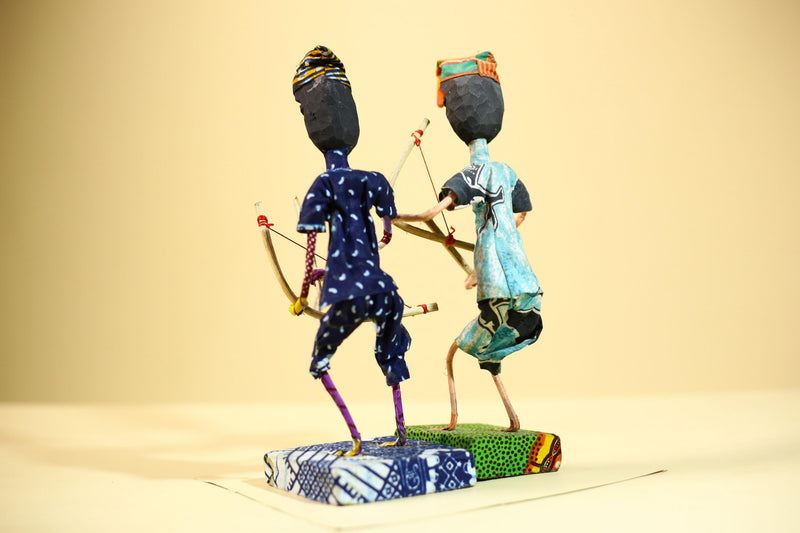 African Folk Art Archers Handmade Wire Wood Fabric Tribal Sculpture-G5902
