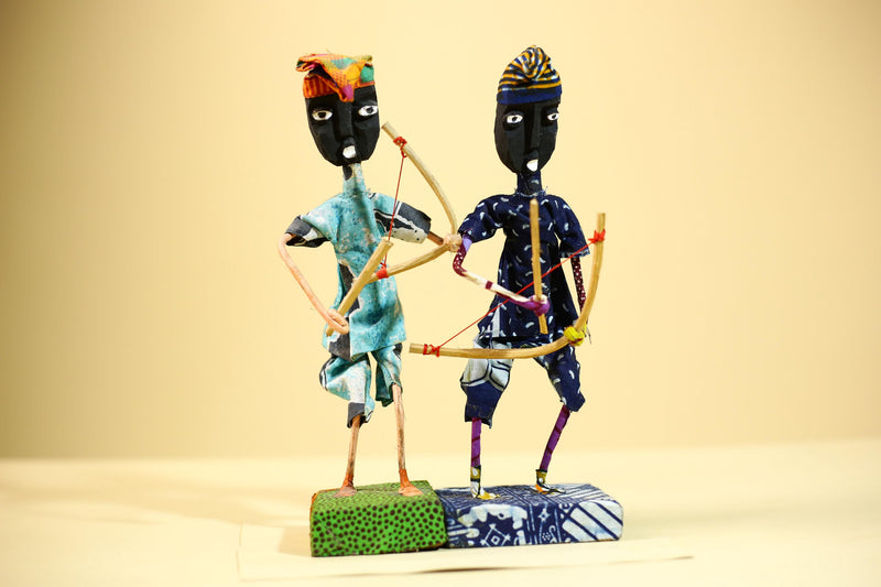 African Folk Art Archers Handmade Wire Wood Fabric Tribal Sculpture-G5902