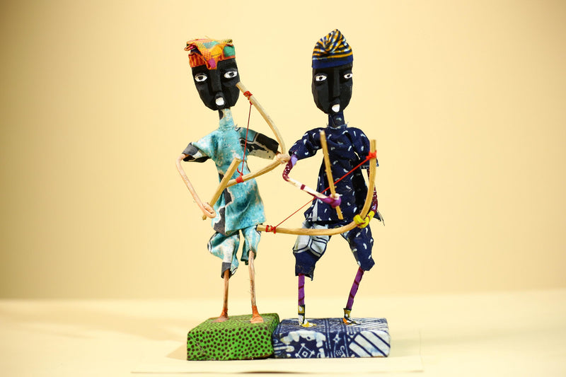 African Folk Art Archers Handmade Wire Wood Fabric Tribal Sculpture-G5902