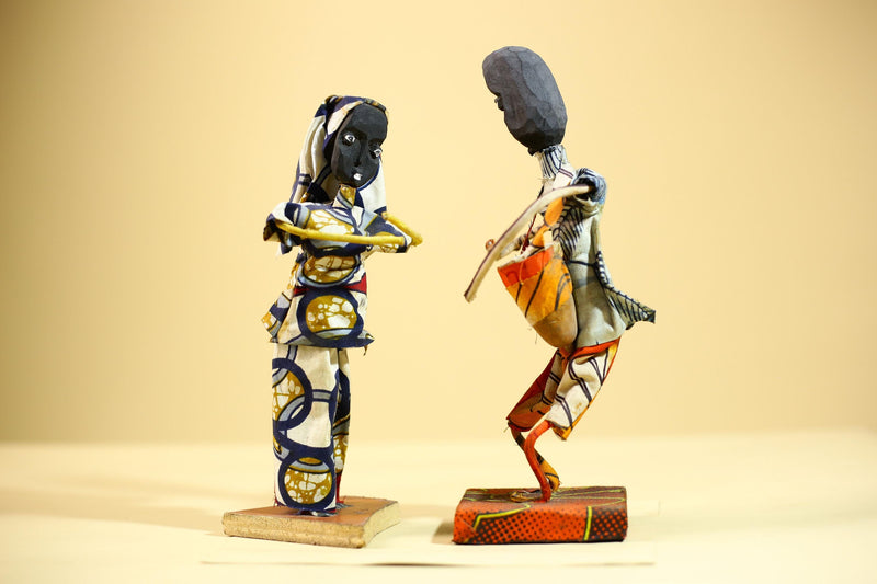African Folk Art Couple Handmade Wire Wood Fabric Tribal Music Sculpture-G5903