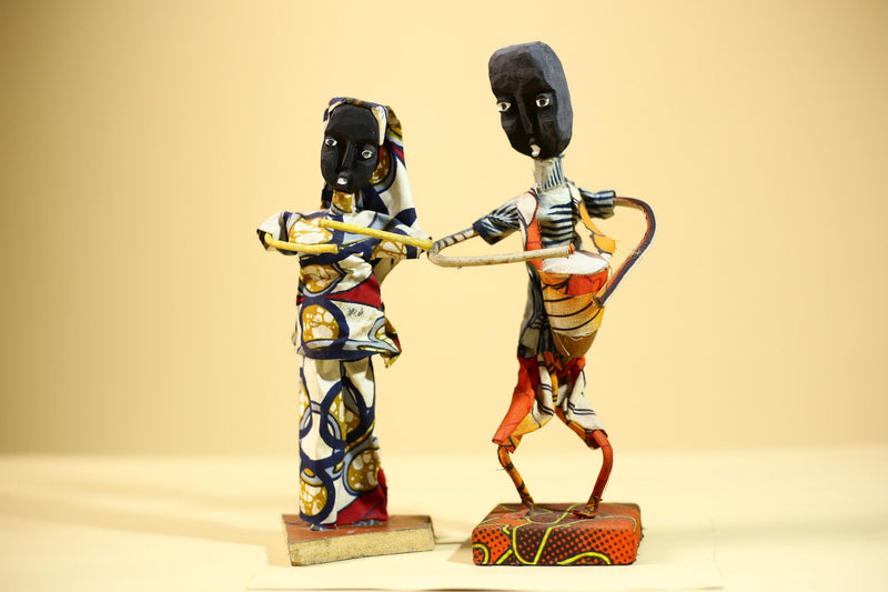 African Folk Art Couple Handmade Wire Wood Fabric Tribal Music Sculpture-G5903
