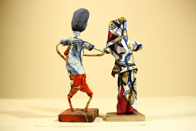 African Folk Art Couple Handmade Wire Wood Fabric Tribal Music Sculpture-G5903