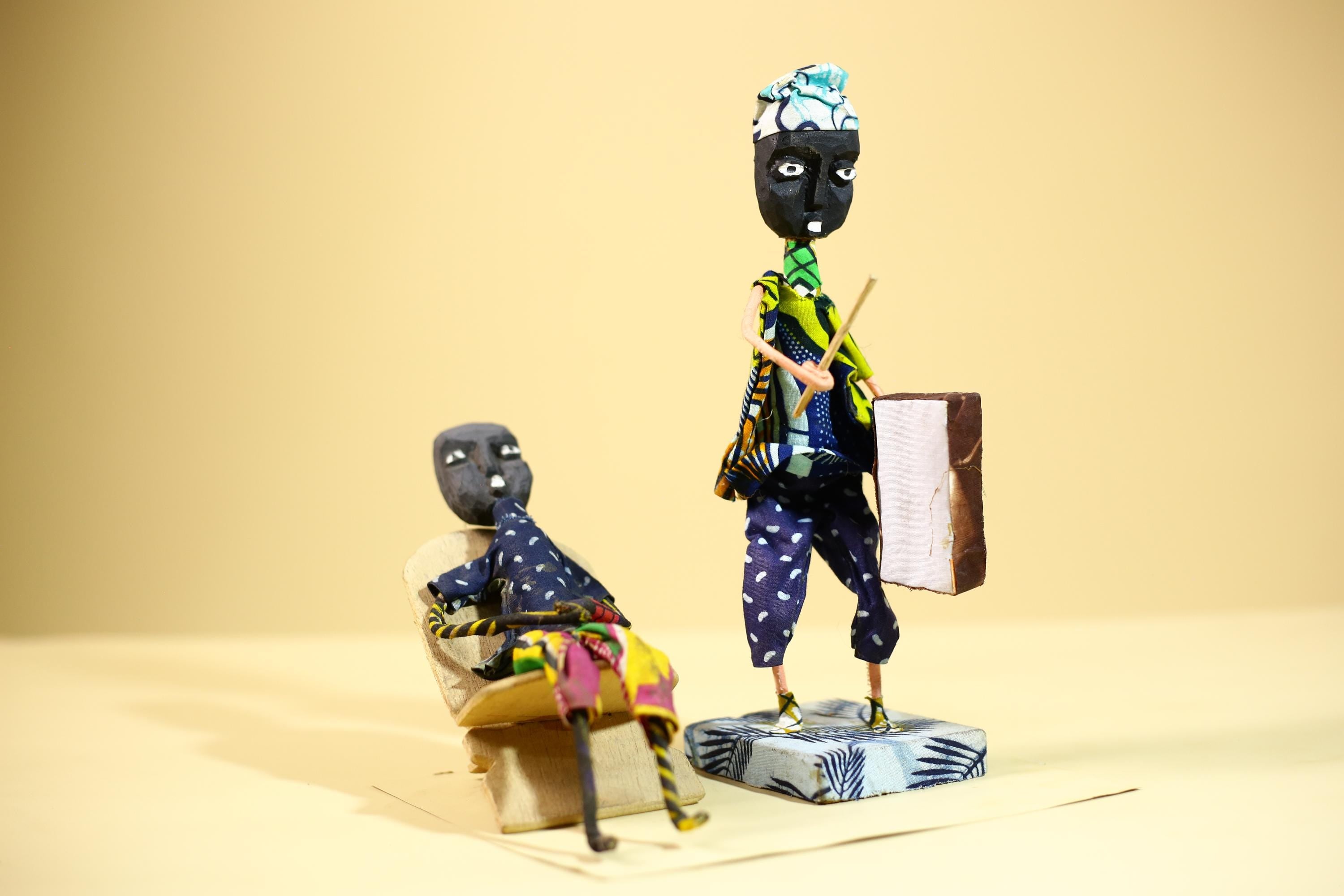 African Tribal Elder and Drummer Statues Handcrafted Cloth Folk Art Decor-G5905