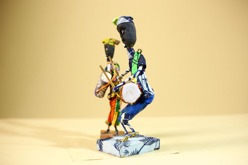 African Tribal Drummer Statues Handcrafted Wood Cloth Folk Art Decor-G5906