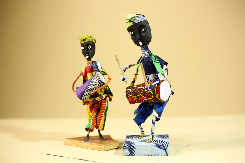 African Tribal Drummer Statues Handcrafted Wood Cloth Folk Art Decor-G5906