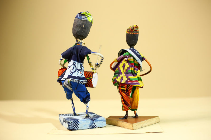African Tribal Drummer Statues Handcrafted Wood Cloth Folk Art Decor-G5906