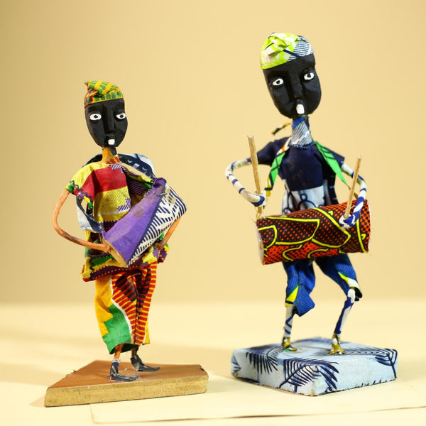 African Tribal Drummer Statues Handcrafted Wood Cloth Folk Art Decor-G5906