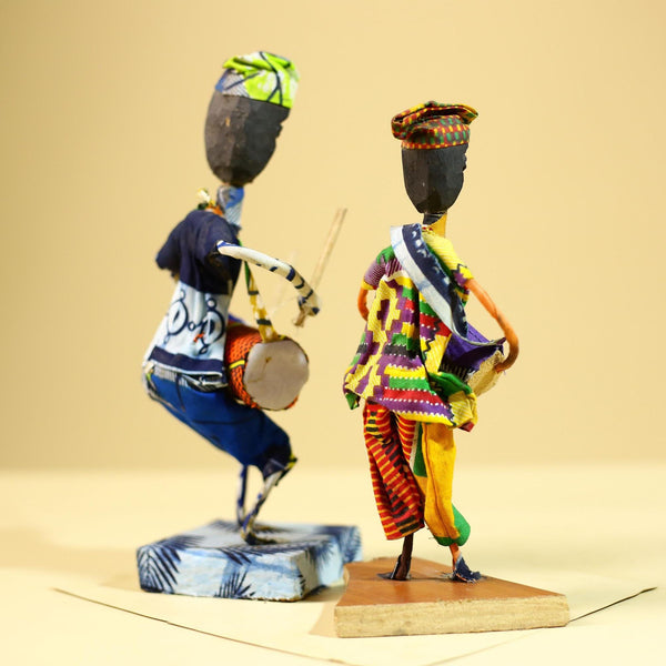 African Tribal Drummer Statues Handcrafted Wood Cloth Folk Art Decor-G5906