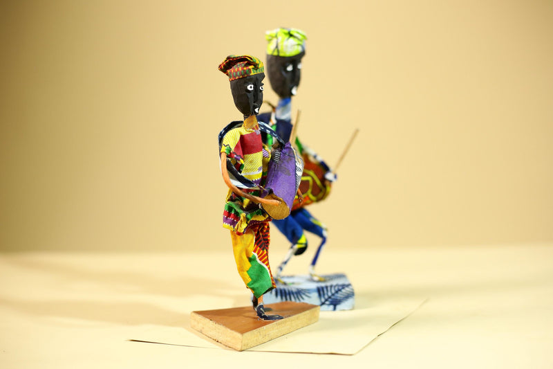 African Tribal Drummer Statues Handcrafted Wood Cloth Folk Art Decor-G5906