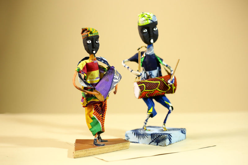 African Tribal Drummer Statues Handcrafted Wood Cloth Folk Art Decor-G5906
