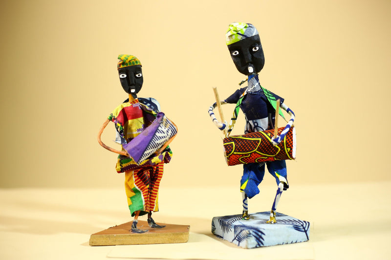 African Tribal Drummer Statues Handcrafted Wood Cloth Folk Art Decor-G5906