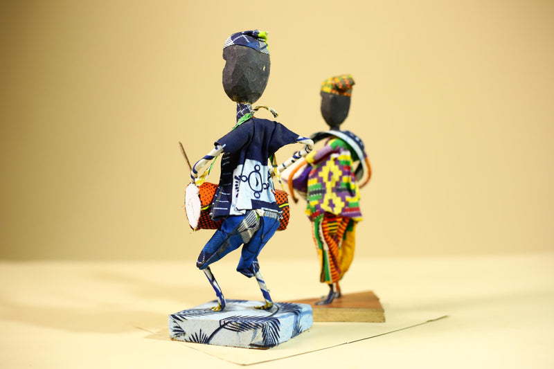 African Tribal Drummer Statues Handcrafted Wood Cloth Folk Art Decor-G5906