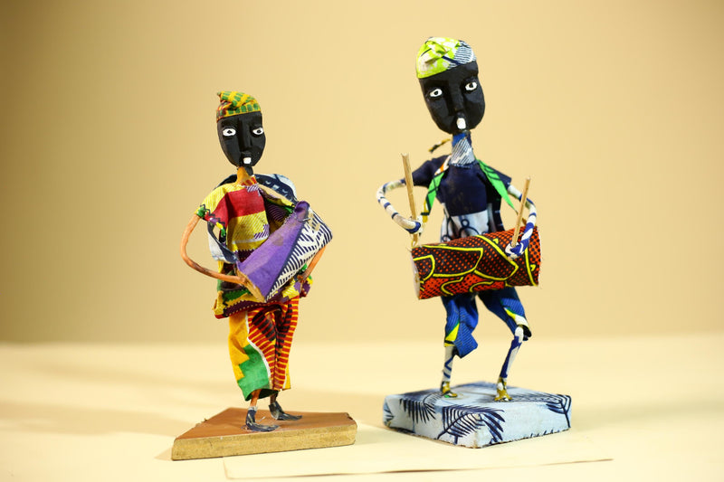 African Tribal Drummer Statues Handcrafted Wood Cloth Folk Art Decor-G5906
