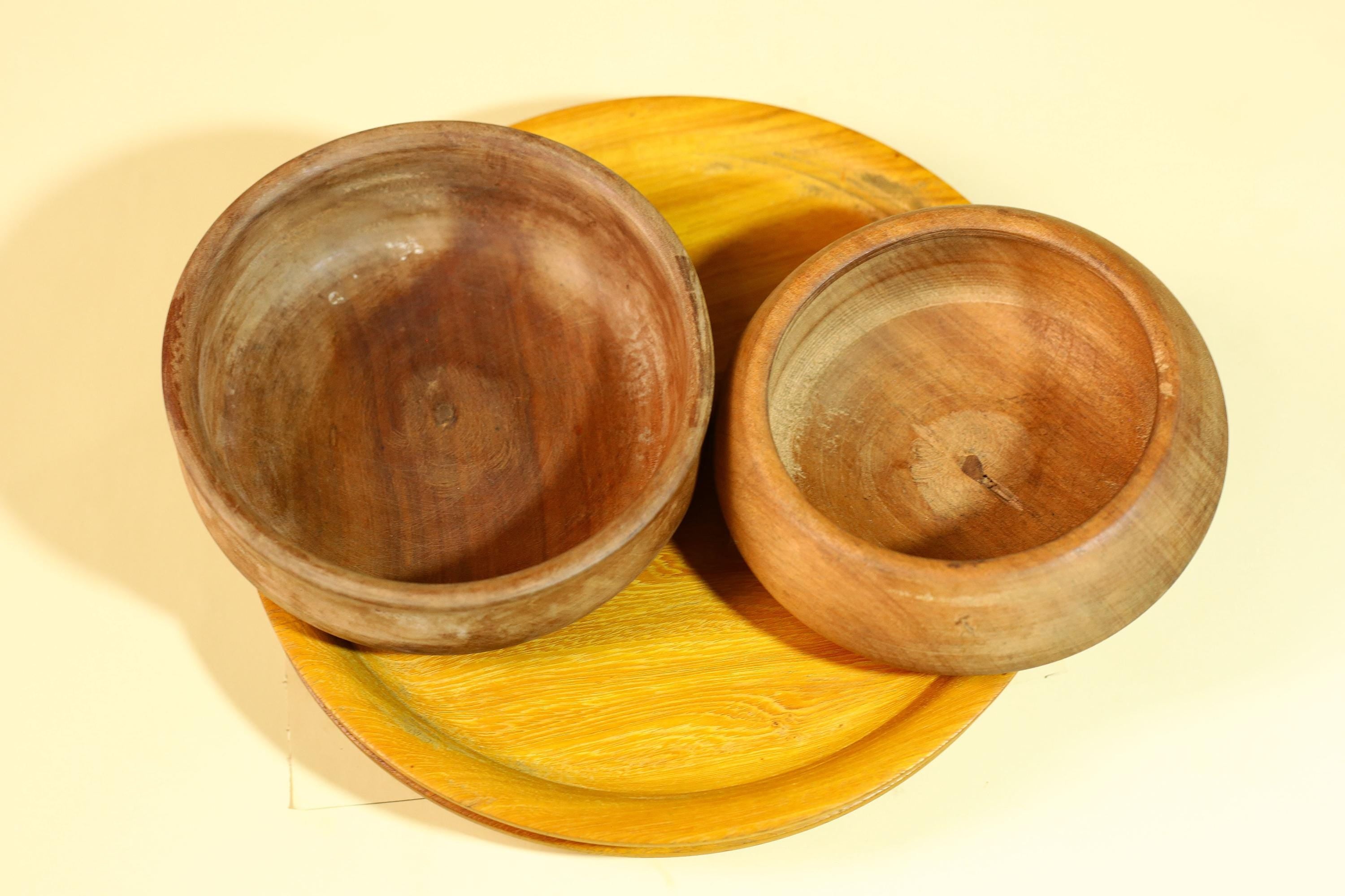 African Handcrafted Wooden Bowls and Plates Set Rustic Tribal Decor-G5907