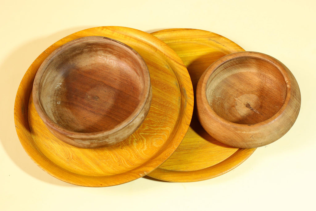 African Handcrafted Wooden Bowls and Plates Set Rustic Tribal Decor-G5907