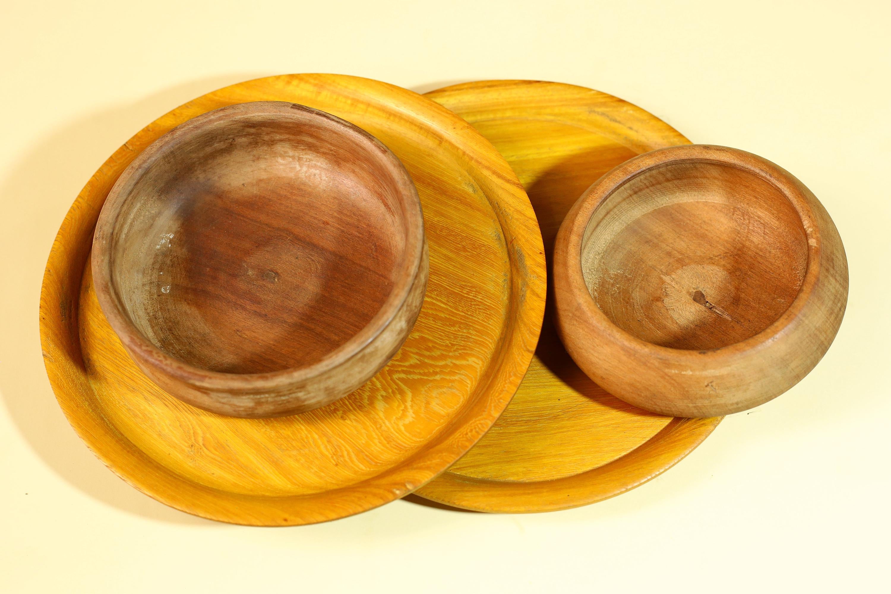 African Handcrafted Wooden Bowls and Plates Set Rustic Tribal Decor-G5907