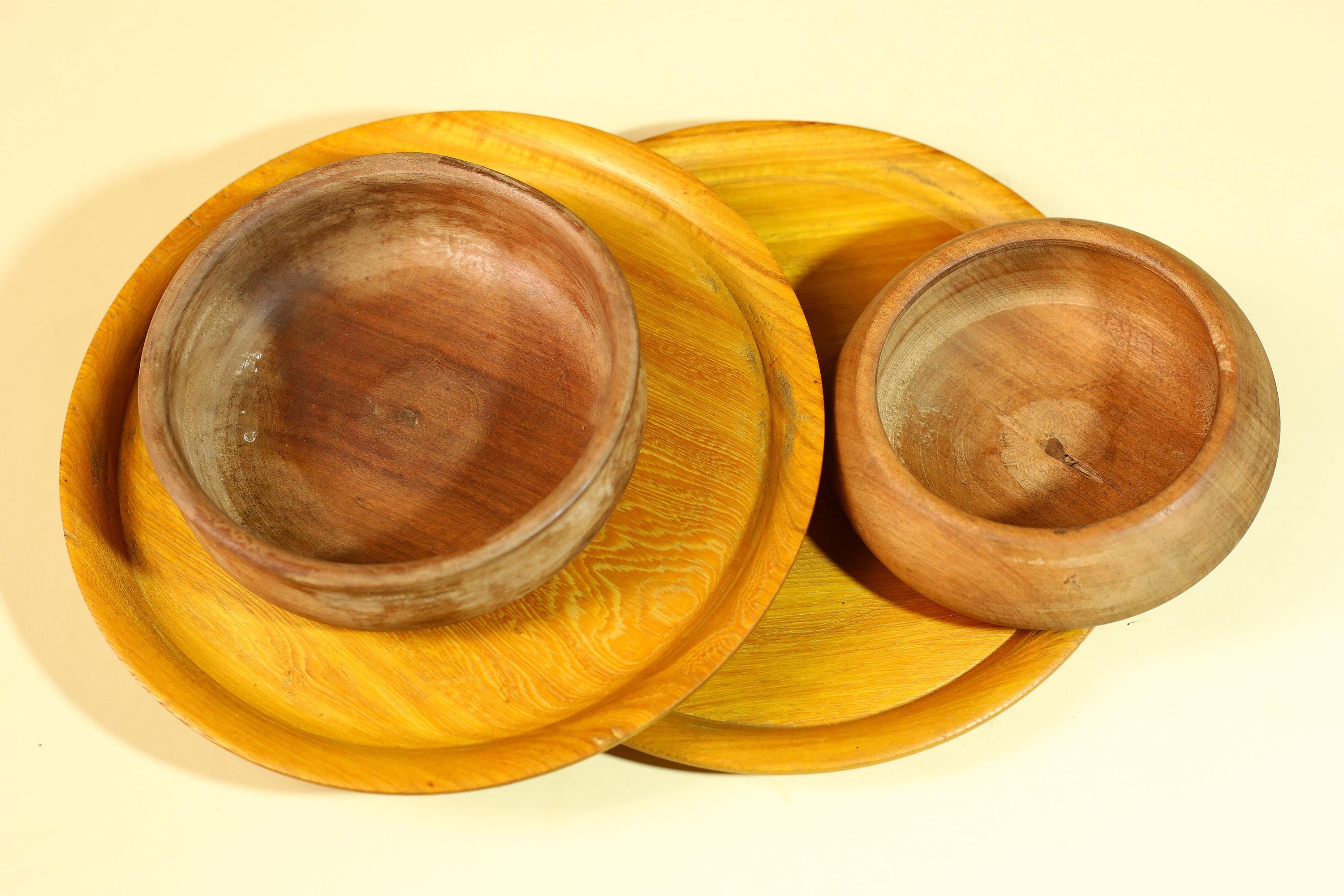 African Handcrafted Wooden Bowls and Plates Set Rustic Tribal Decor-G5907
