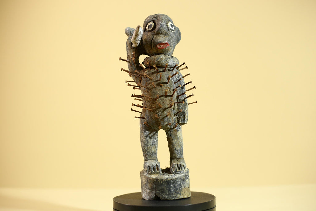 African Tribal Figure Sculpture Carved Wood with Nails Unique Art Sculpture Decor-G5867
