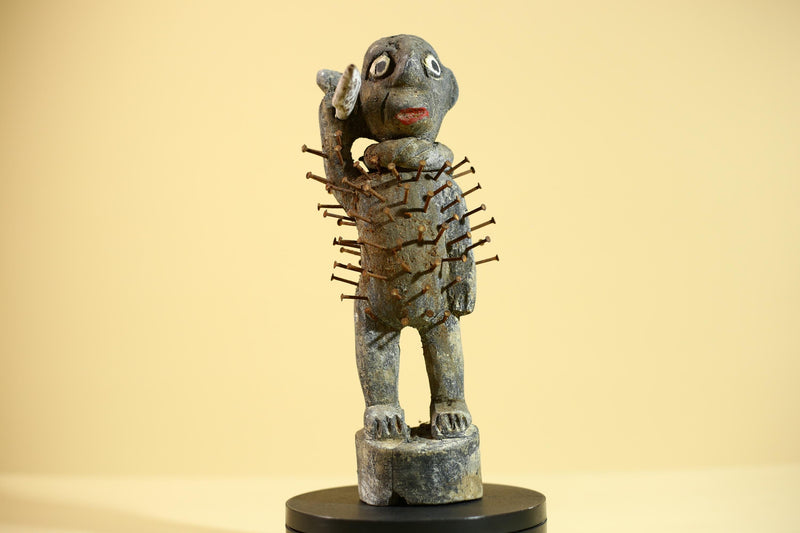 African Tribal Figure Sculpture Carved Wood with Nails Unique Art Sculpture Decor-G5867