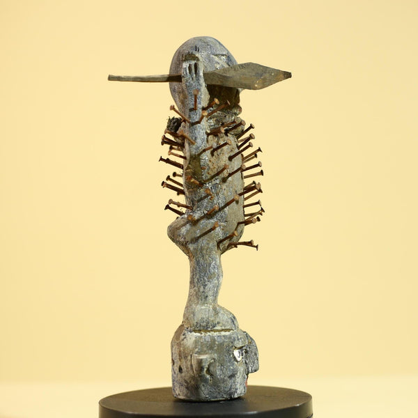 Vintage Tribal Mask Figurine, African Ritual Figure with Nails, Handcrafted Wood Sculpture Decor-G5868