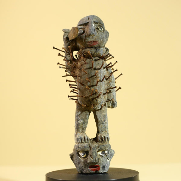 Vintage Tribal Mask Figurine, African Ritual Figure with Nails, Handcrafted Wood Sculpture Decor-G5868
