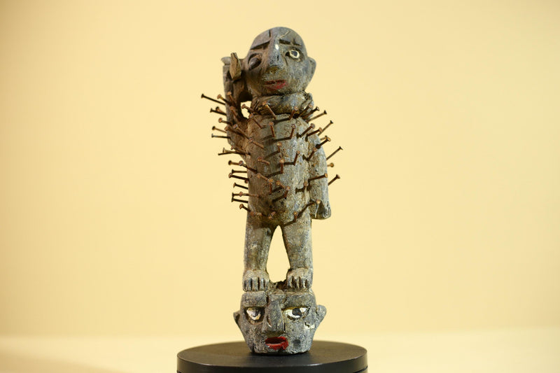 African Nail Fetish Statue Carved Wood Congo Tribal Ritual Art Decor Sculpture Decor-G5868