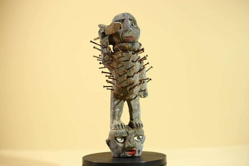 African Nail Fetish Statue Carved Wood Congo Tribal Ritual Art Decor Sculpture Decor-G5868