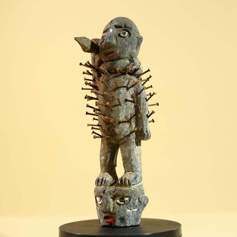 African Nail Fetish Statue Carved Wood Congo Tribal Ritual Art Decor Sculpture Decor-G5868