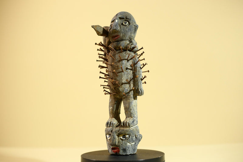 African Nail Fetish Statue Carved Wood Congo Tribal Ritual Art Decor Sculpture Decor-G5868