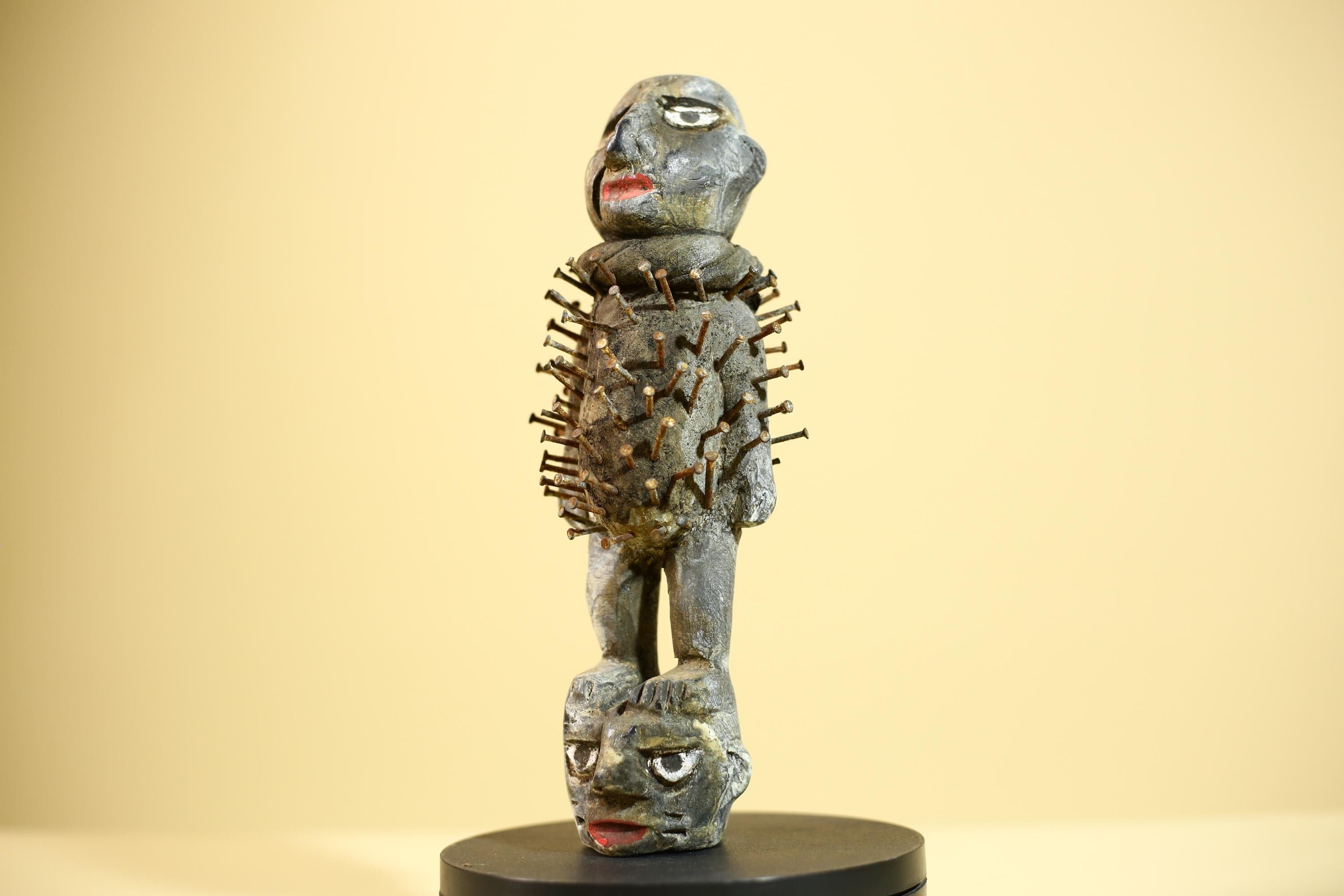African Nail Fetish Statue Congo Tribal Wood Ritual Figure Art Decor-G5872