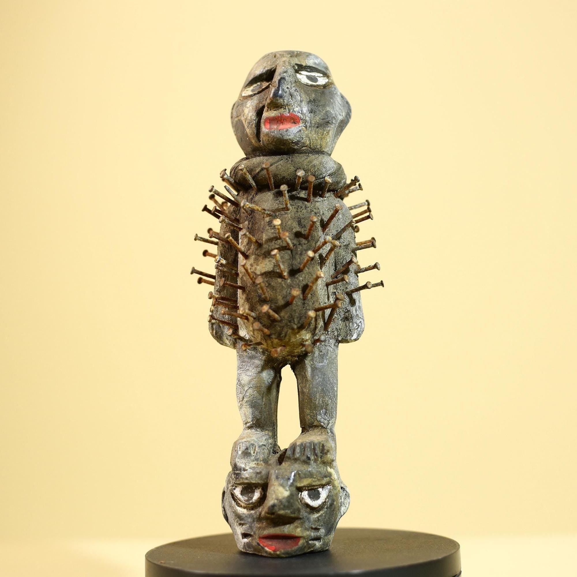 African Nail Fetish Statue Congo Tribal Wood Ritual Figure Art Decor-G5872